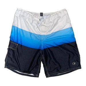 Ocean Pacific OP Swim Trunks Mens L 36 38 Blue Striped Mesh Pocket Logo Swimwear